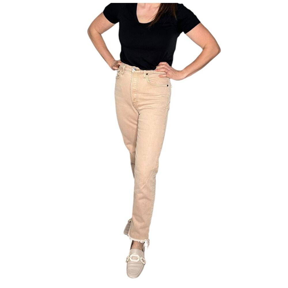 RE/DONE REDONE Tan Brown 70s Ultra High Rise Stove Pipe Jeans Size 26‎ Frayed
